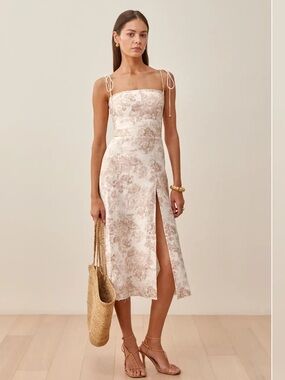 Reformation Liesel Linen Midi Dress — Cream with Taupe Floral